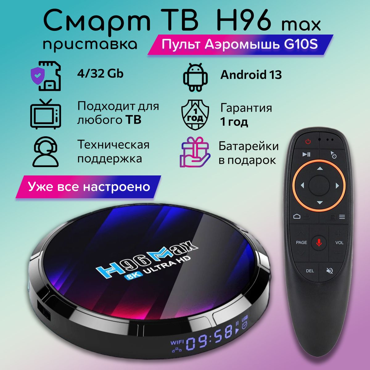 СмартТВприставкаH96MaxULTRAHD8Kспамятью4/32ГБиуниверсальнымпультомG10S