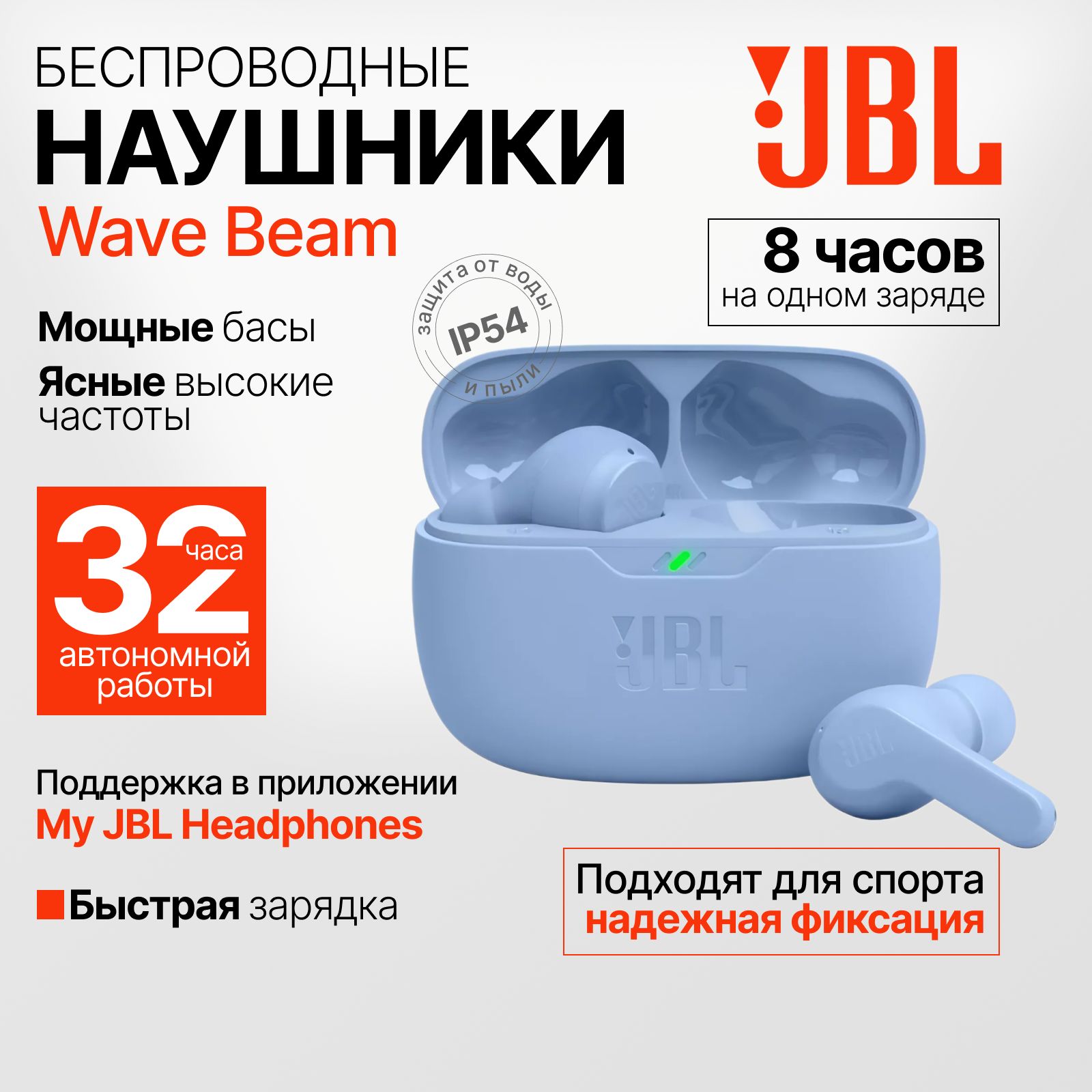 БеспроводныенаушникиJBLWaveBeam,голубые