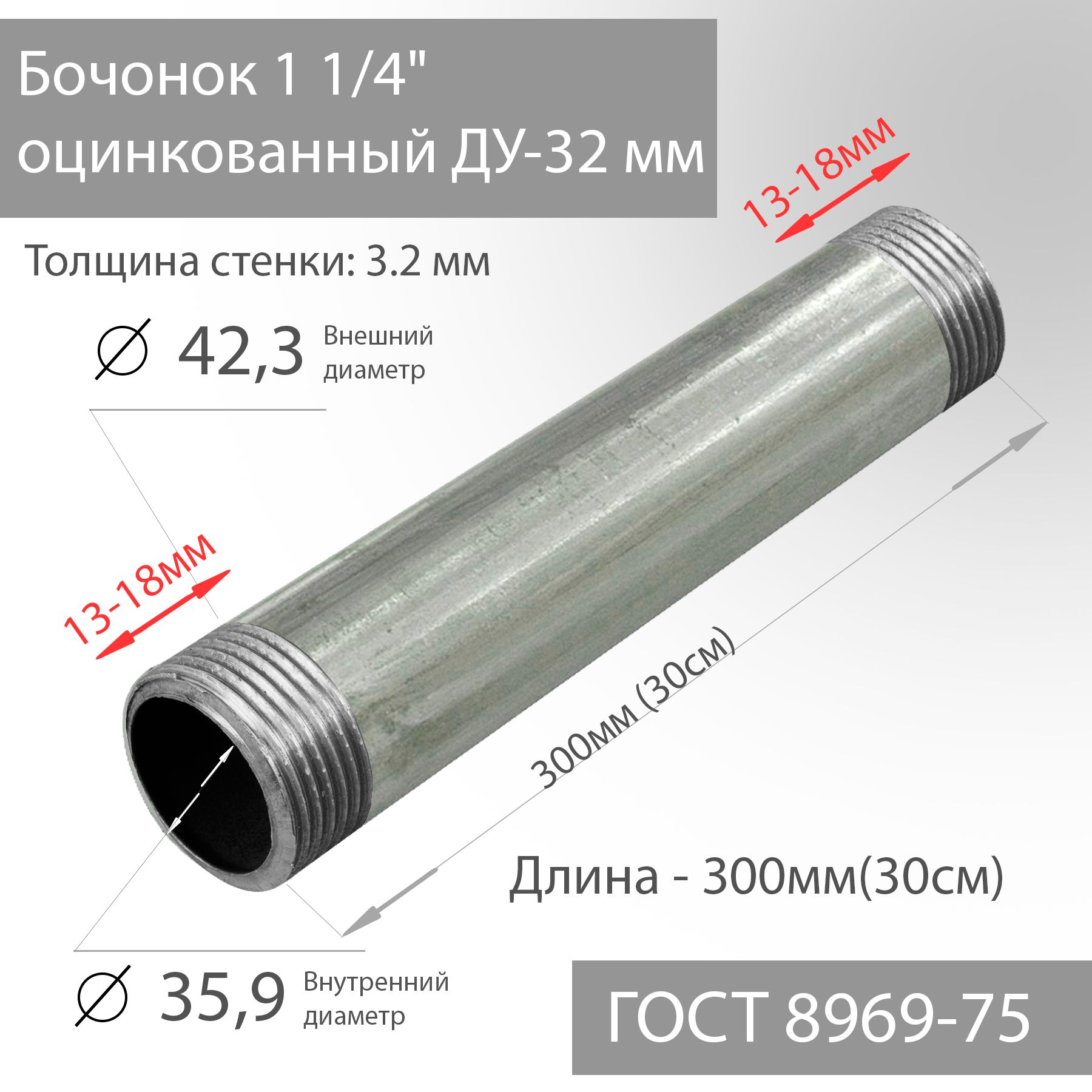 Бочонокдлятруб11/4"оцинкованныйДУ-32мм,L-300ммГОСТ8969-75