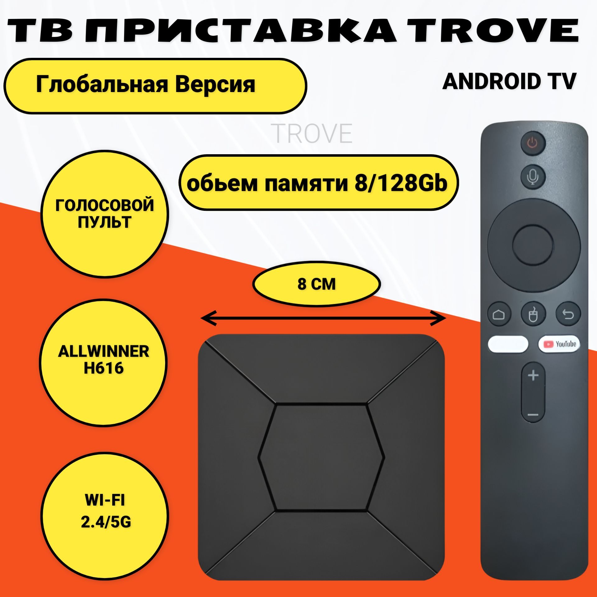 TROVE Медиаплеер G96  8К Tv box Android, 8 ГБ/128 ГБ, Wi-Fi, Bluetooth, черный матовый