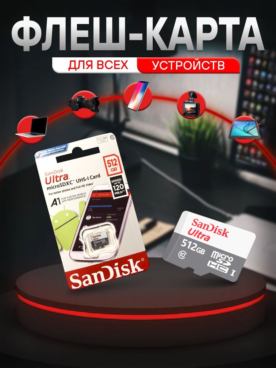 Карта памяти microSD 512 gb / mircoSDHC Sandisk 512 гб / Карта расширения памяти