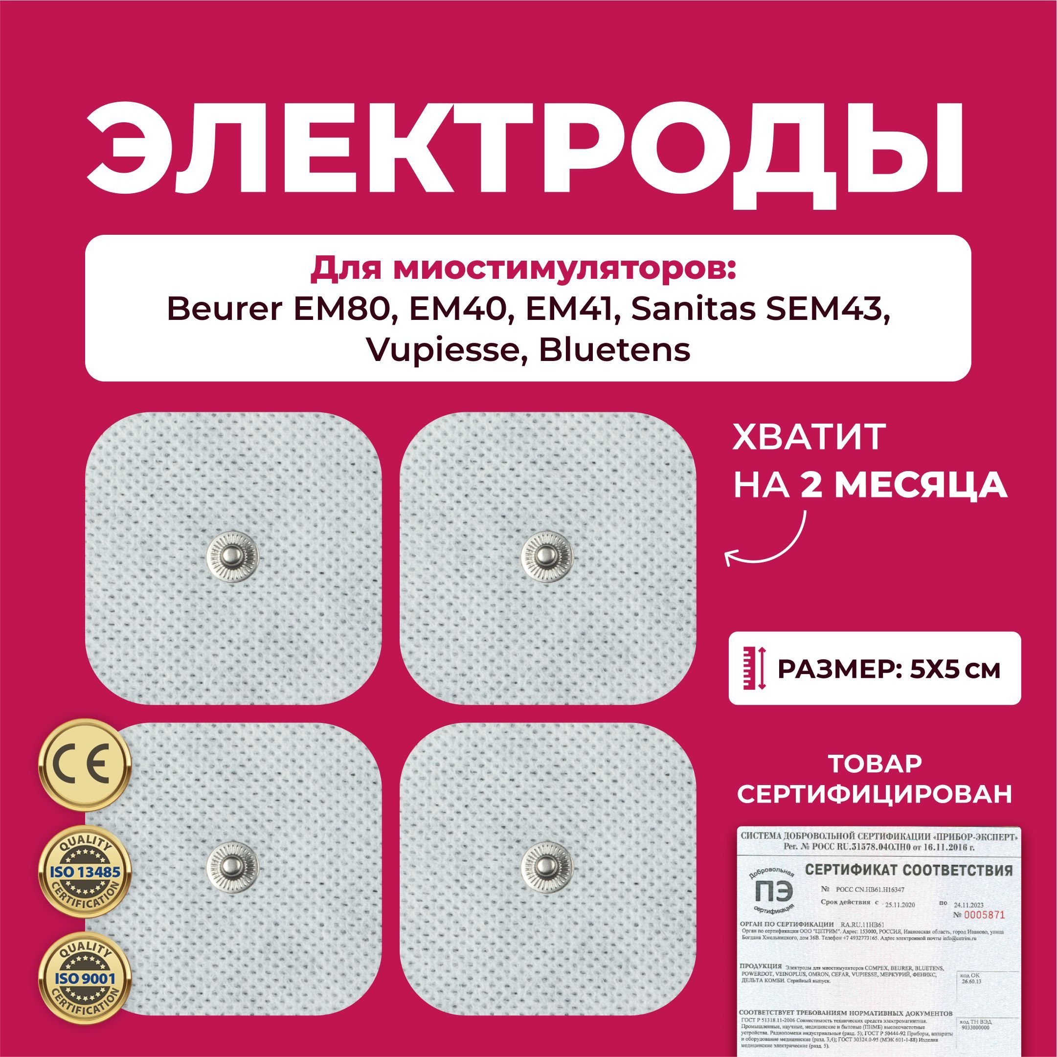 Электроды для миостимуляторов, для моделей Beurer, Bluetens, Vupiesse, Sanitas, 5х5см, 4шт.