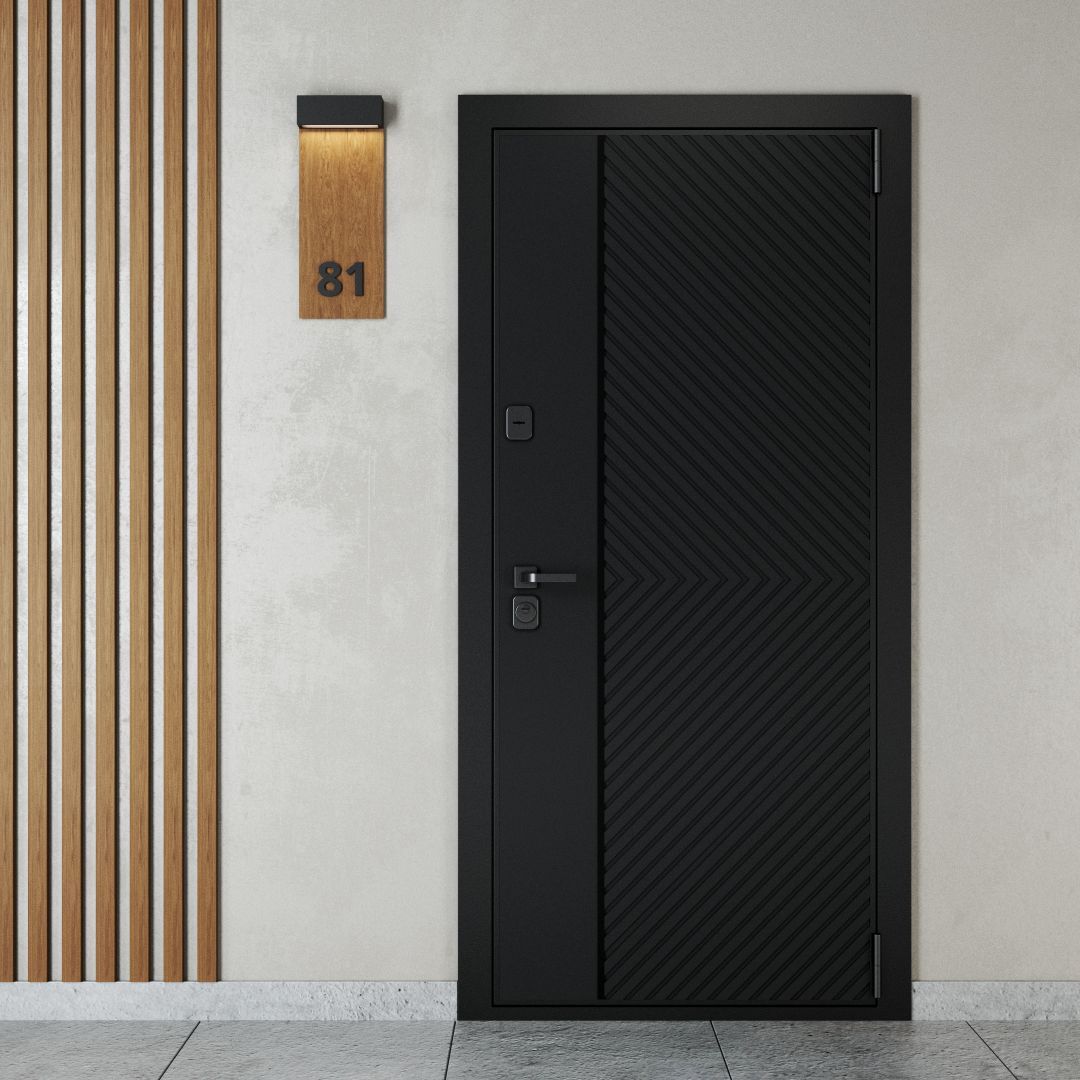 Дверь входная квартирная панель-косая рейка, черный шелк, гладкая, правая 926х2016