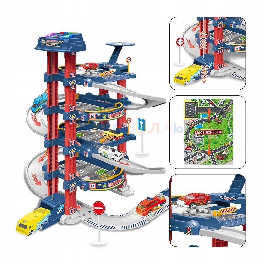 Парковка для машинок с лифтом,ковриком,машинками и вертолетом 4 этажа 78 элементов