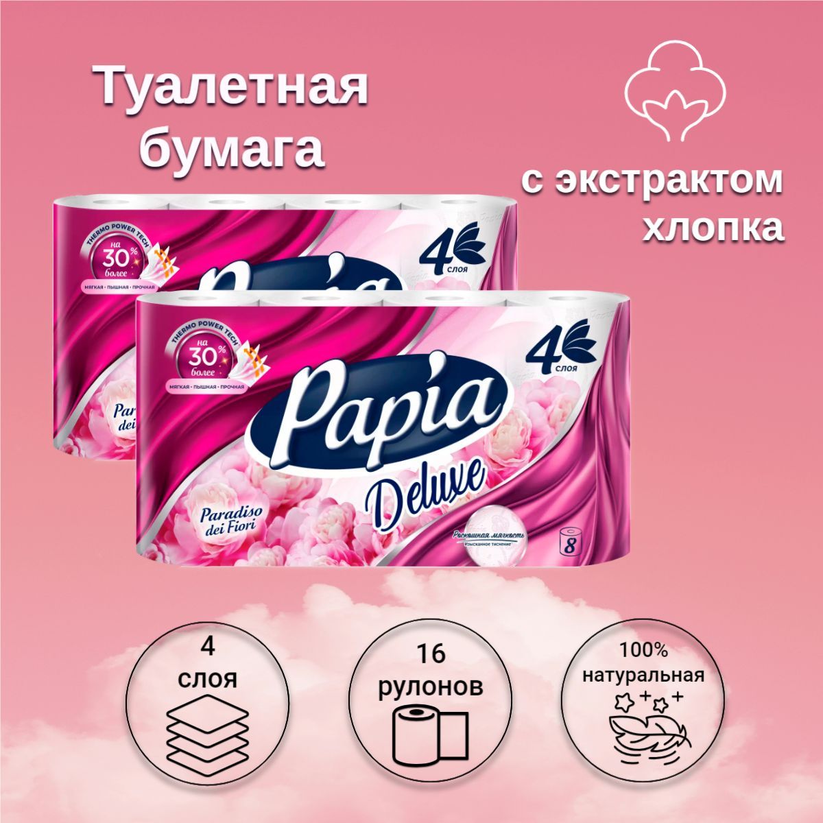 Туалетная бумага Papia Deluxe Paradiso dei Fiori 4 слоя, 16 рулонов