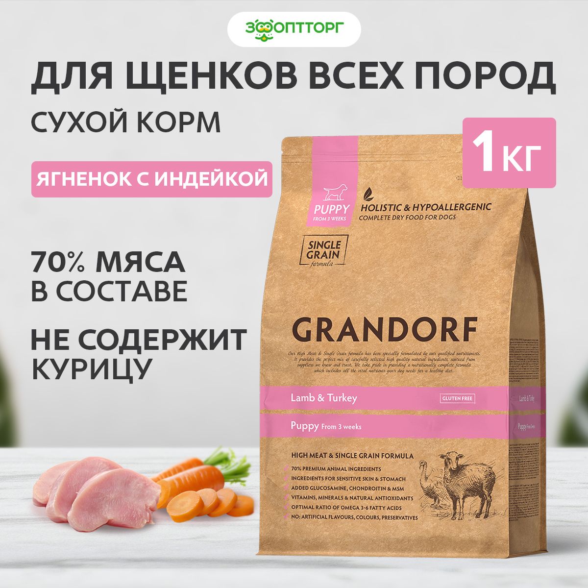 СухойкормGrandorfLamb&TurkeyPuppyдлященковвсехпородсягненкомииндейкой,1кг