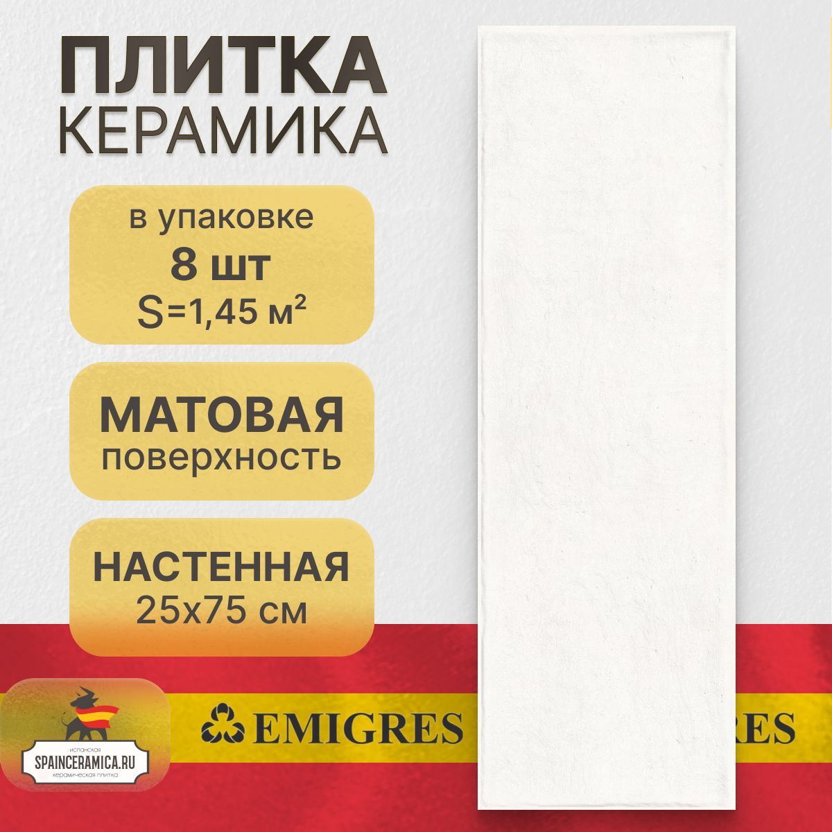 Керамическая плитка, настенная Emigres Ice blanco 25x75 см (1,45 кв.м)