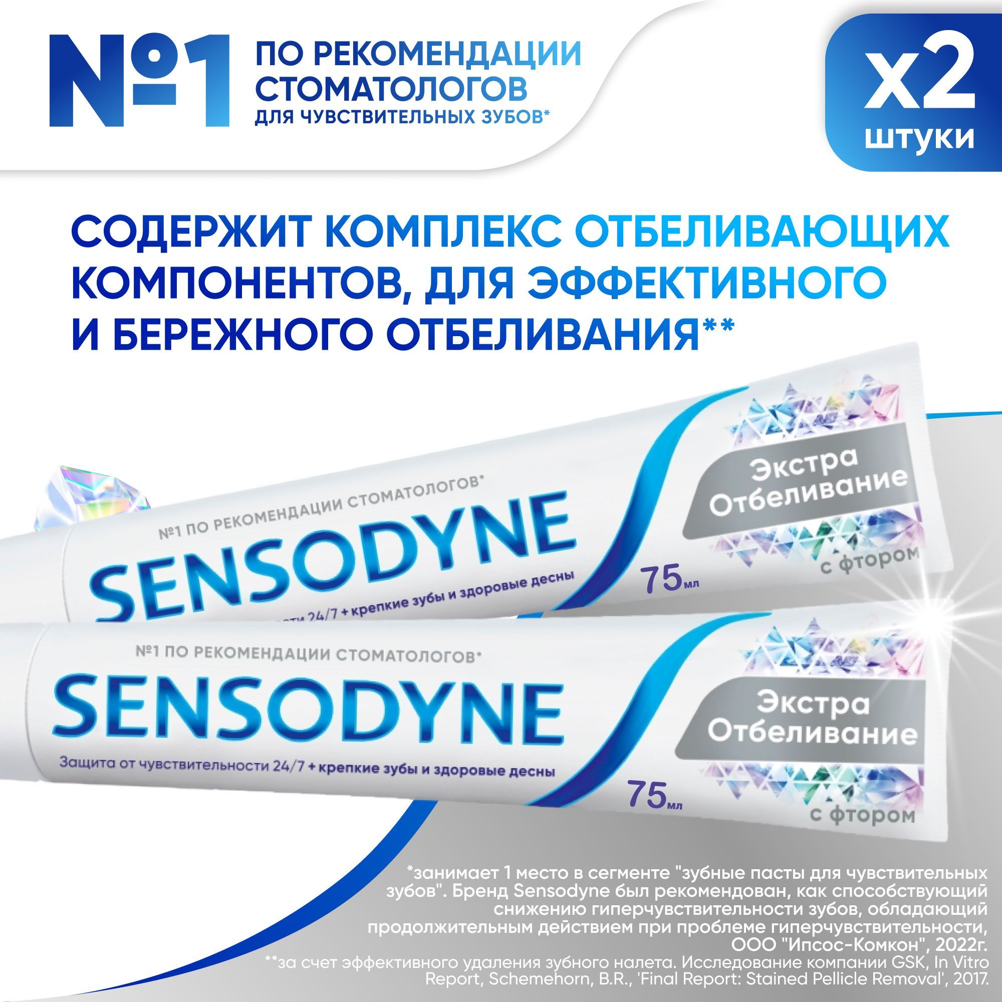 Зубная паста Sensodyne Экстра Отбеливание для чувствительных зубов с фтором, восстановления естественной белизны зубов и защиты от кариеса, 75 мл, 2 шт