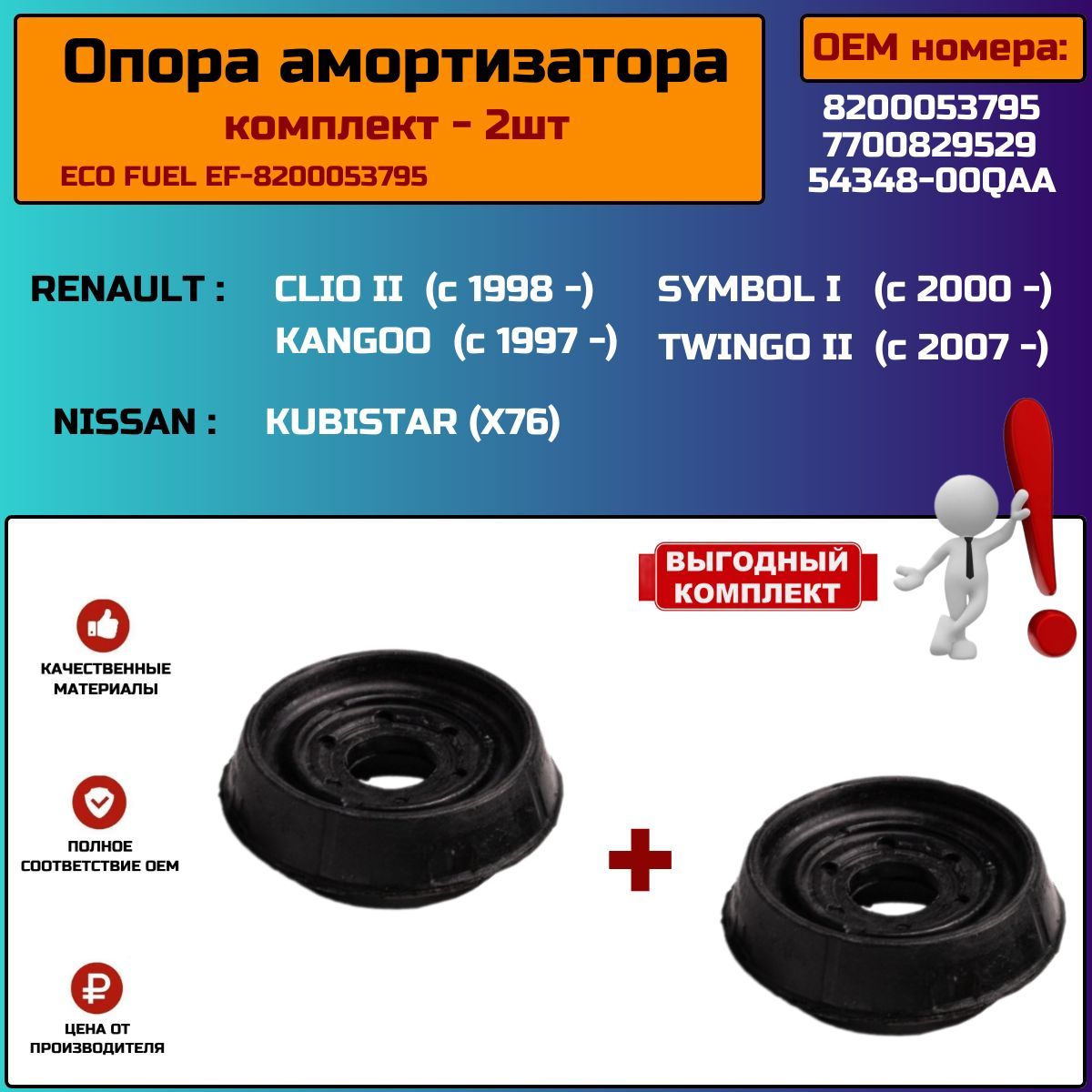 Опоры передней стойки 2шт для RENAULT CLIO II, KANGOO I, SYMBOL I-II. ОЕМ 8200053795