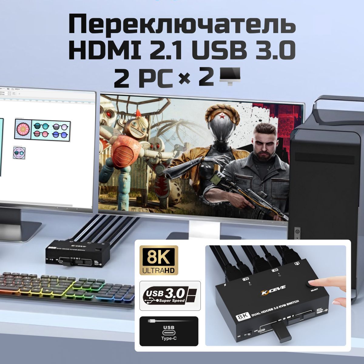 HDMI/USB KVM SWITCH 8K Переключатель HDMI 2.1 USB 3.0 между двумя устройствами с двумя мониторами