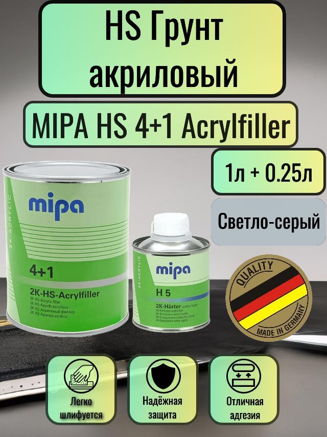 MIPA HS Грунт 4+1 Acrylfiller 1л. СВЕТЛО-СЕРЫЙ + отв. Н5 0.25л.