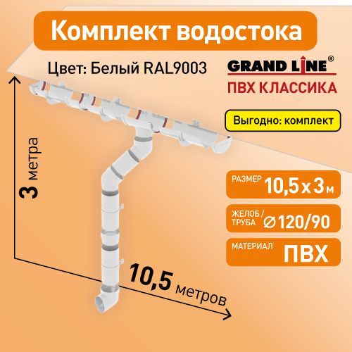 Комплект водосточной системы Гранд Лайн 10,5х3, цвет - БЕЛЫЙ (RAL 9003) / Водосточная система для крыши Grand Line 120/90