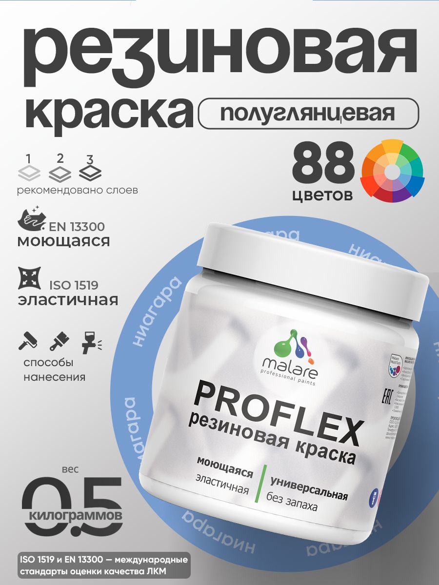 Краска резиновая Malare ProfleX (серия «Пастельные тона») жидкая резина для наружных и внутренних работ, быстросохнущая моющаяся, полуглянцевая, ниагара, 0.5 кг