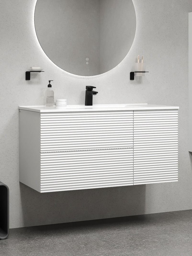 Фото товара на маркетплейсе ozon Тумба для ванной подвесная, с ящиками и полками, 100 см, белая, IDDIS, Bild, BIL10W0i95 (подходит раковина 0131000i28)