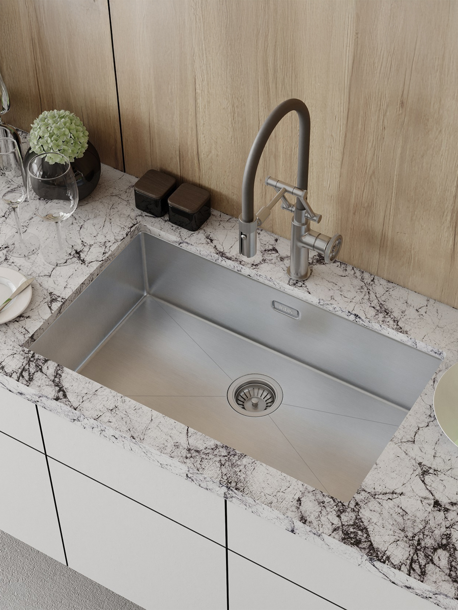 Фото товара на маркетплейсе ozon Мойка для кухни IDDIS, врезная или подстольная (универсальный монтаж), 74х44х20 см, нержавеющая сталь, без крыла, сатиновая, Edifice, EDI74S0i77