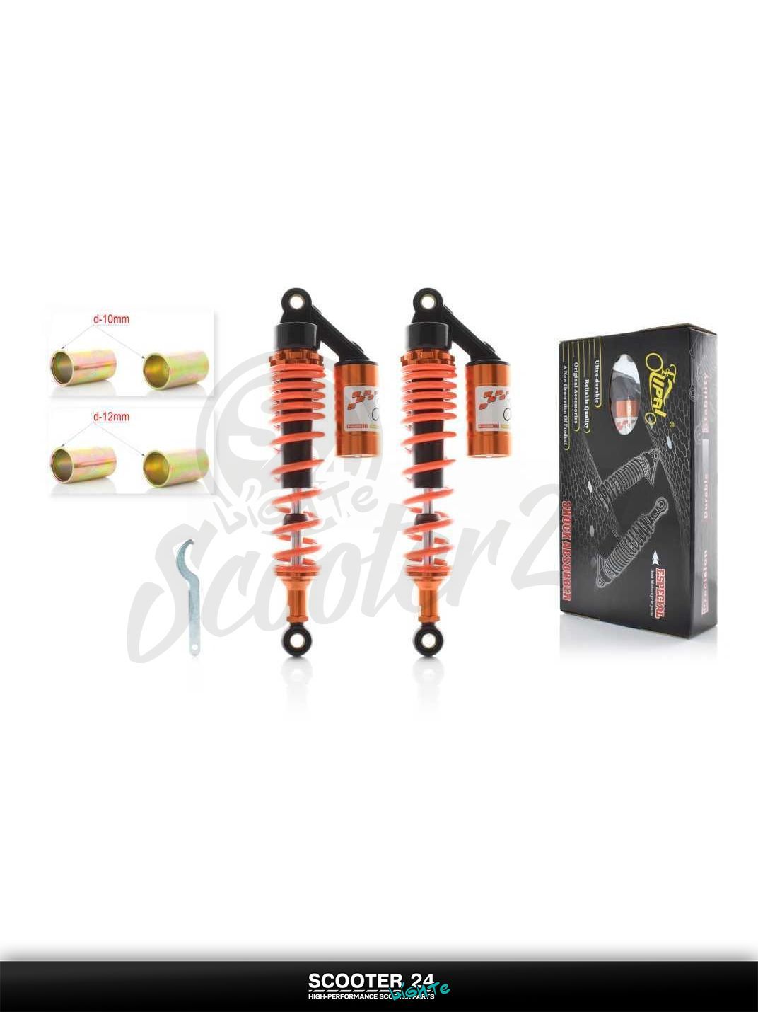 Амортизаторы задние на мопед и мотоцикл Delta 50-110 кубов / Альфа Дельта с двигателем 139FMA и 147FMH 340 мм газомаслянные, с подкачкой "LIPAI" (оранжевые)