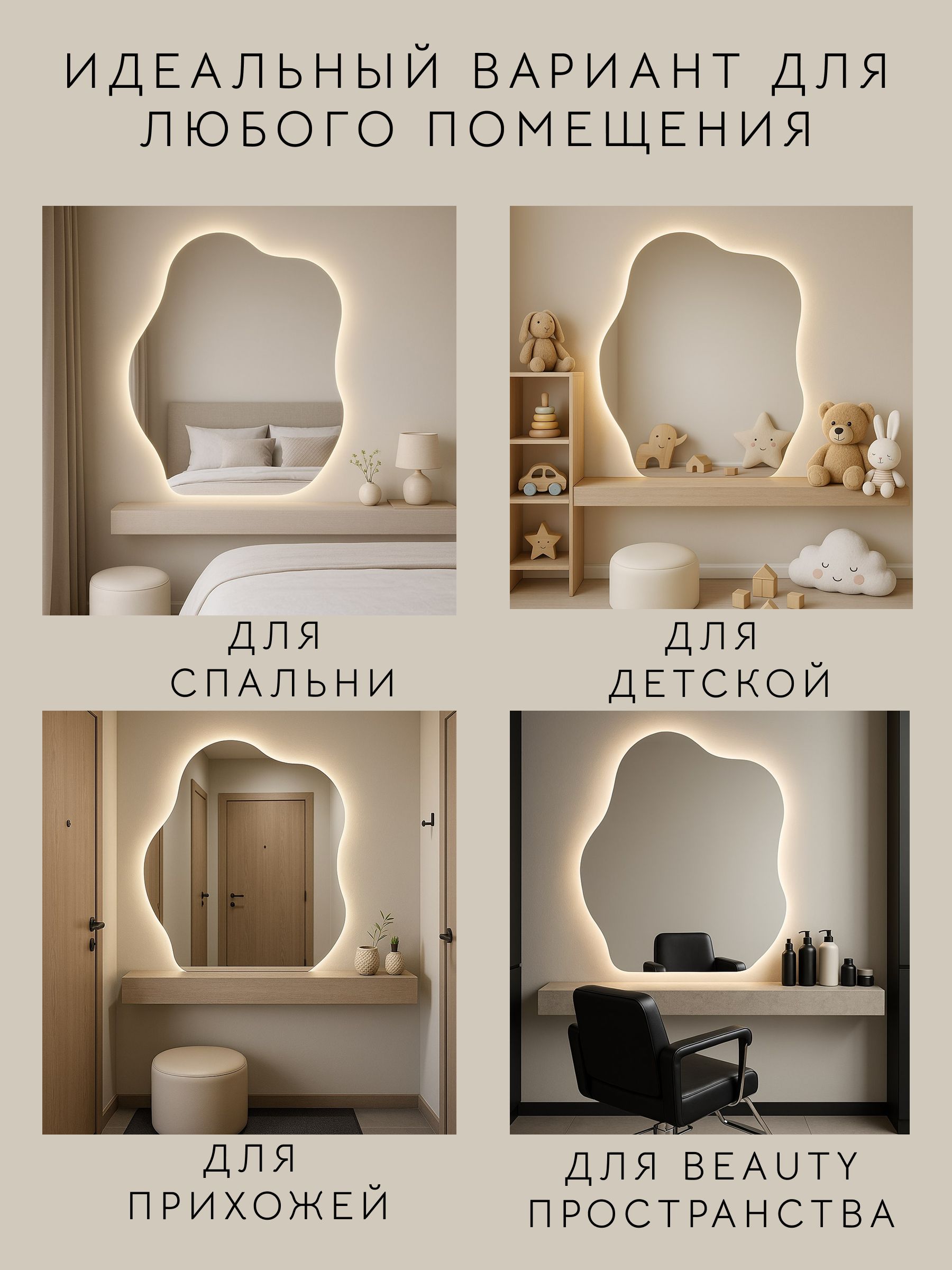 Зеркало настенное 100х90 см. холодный свет 6000К фигурное с подсветкой М3 ALUMIRROR — фото 13