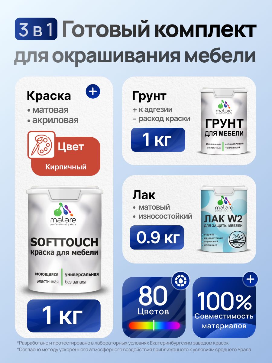 Комплект Malare SoftTouch для окрашивания мебели (1кг грунт + 1 кг краска + 0.9кг лак), акриловый, без запаха, быстросохнущий, матовый, цвет кирпичный
