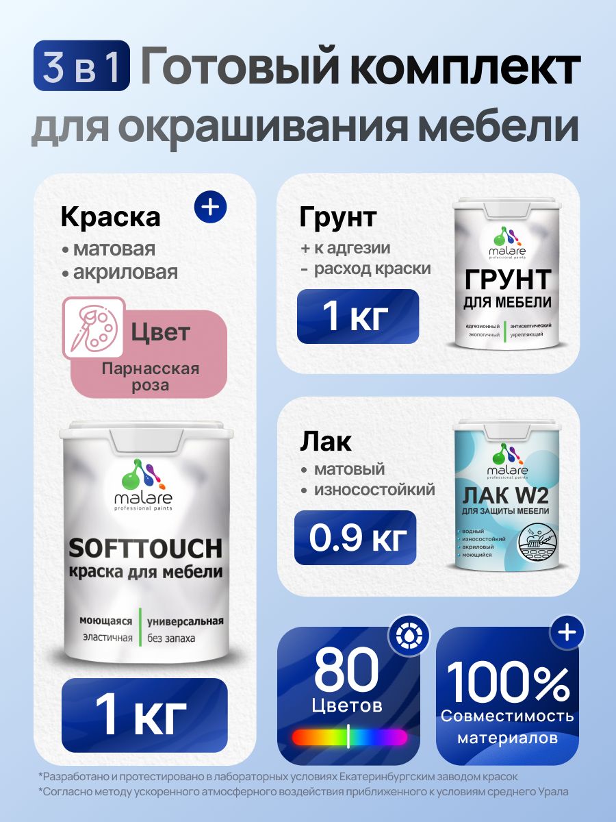 Комплект Malare SoftTouch для окрашивания мебели (1кг грунт + 1 кг краска + 0.9кг лак), акриловый, без запаха, быстросохнущий, матовый, цвет парнасская роза