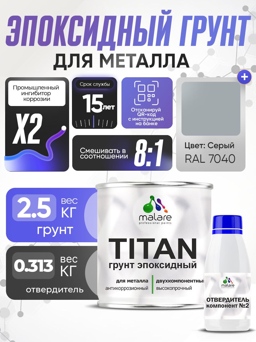 2К Грунт эпоксидный для металла TITAN Malare, двухкомпонентная грунтовка антикоррозионная высокопрочная, серый RAL 7040, 2,5 кг + 313 гр отвердитель