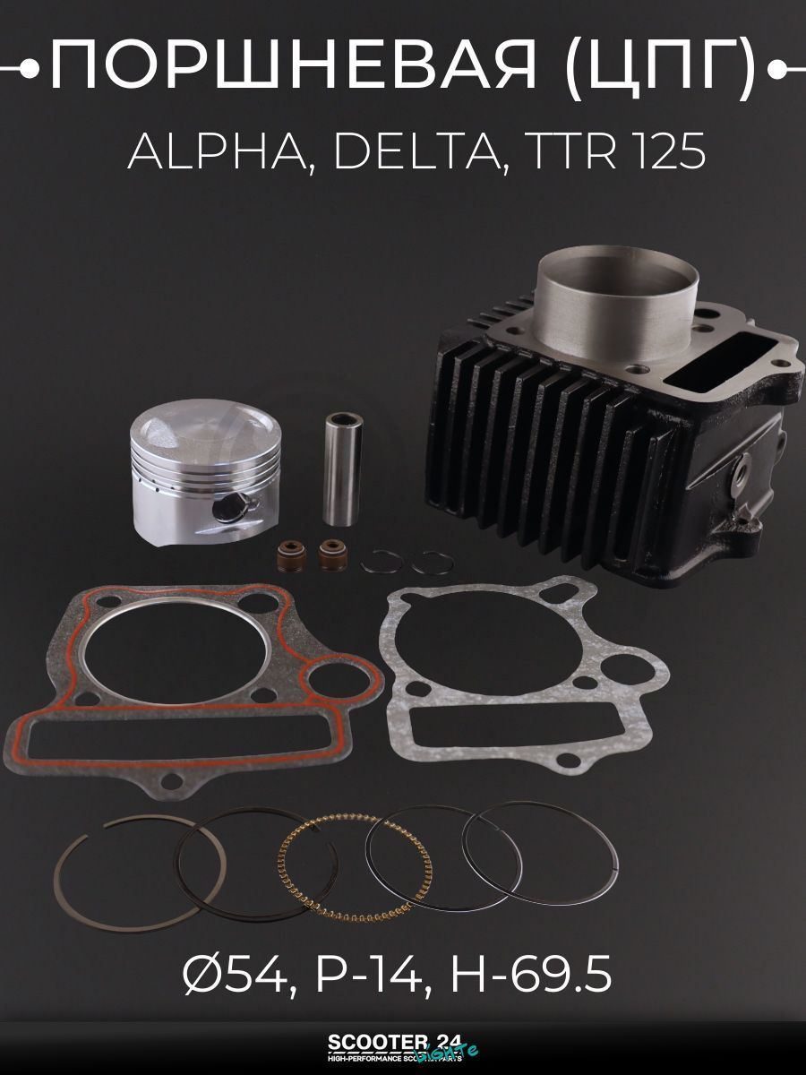 Поршневая группа ЦПГ на мопед и мотоцикл на мотоцикл и мопед Alpha, Delta / Альфа Дельта, TTR 125 кубов / Альфа, Дельта, ТТР, d 54, p 14, h 69.5 154FMI "BEEZMOTO"