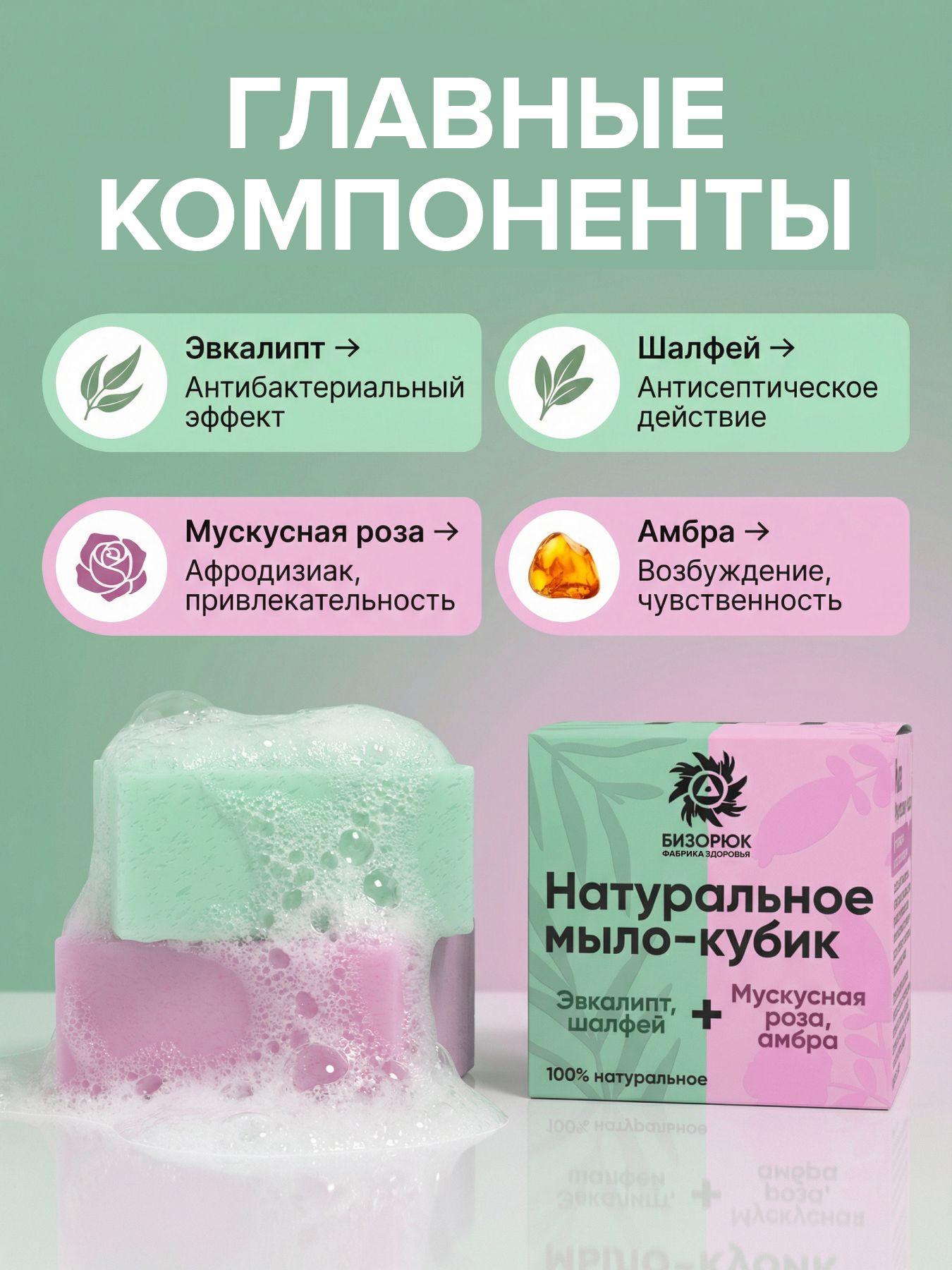Мыло натуральное кубик "Эвкалипт, мускусная роза"