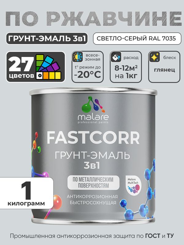 Грунт-эмаль по ржавчине 3 в 1 Malare FastCorr краска для металла, антикоррозионная износостойкая быстросохнущая RAL 7035, светло-серый, глянцевая, 1 кг.