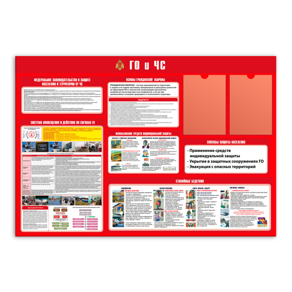 Стенд информационный " ГО И ЧС" для школы, детского сада, с карманами ...