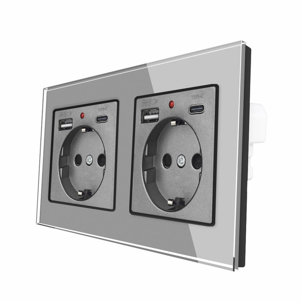 Розетка электрическая двойная с USB и type-C входами, в стандартный ...