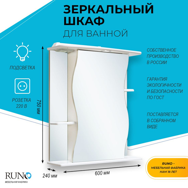 Характеристики Шкаф в ванную с зеркалом Runo Лилия 60, с подсветкой ...
