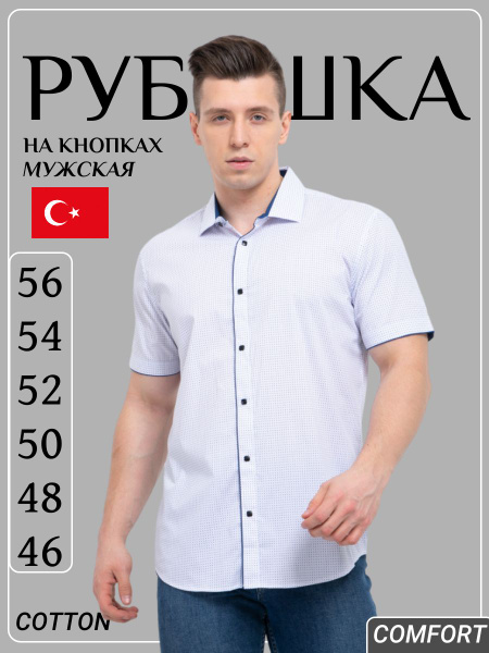 Рубашка Мужской PALMARY LEADING белый, синий Короткий Хлопок Воротник ...