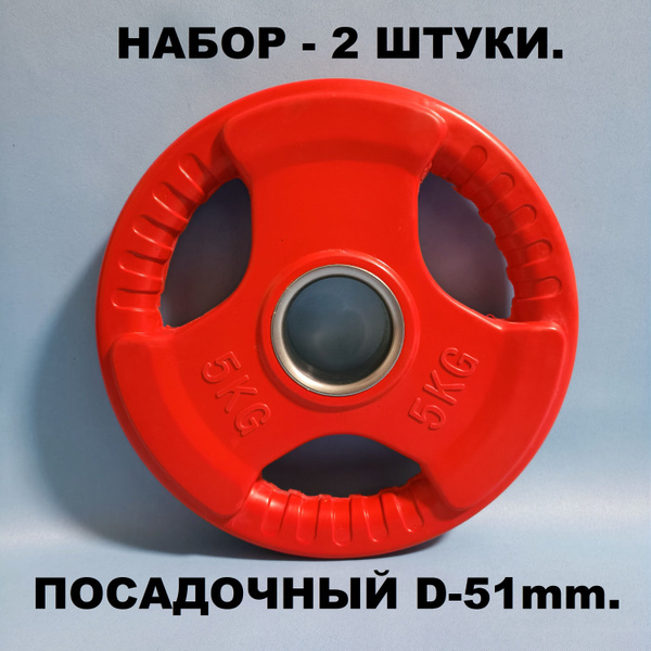 Диск 5 кг. олимпийский - 2 штуки. Стальной обрезиненный цветной с ...