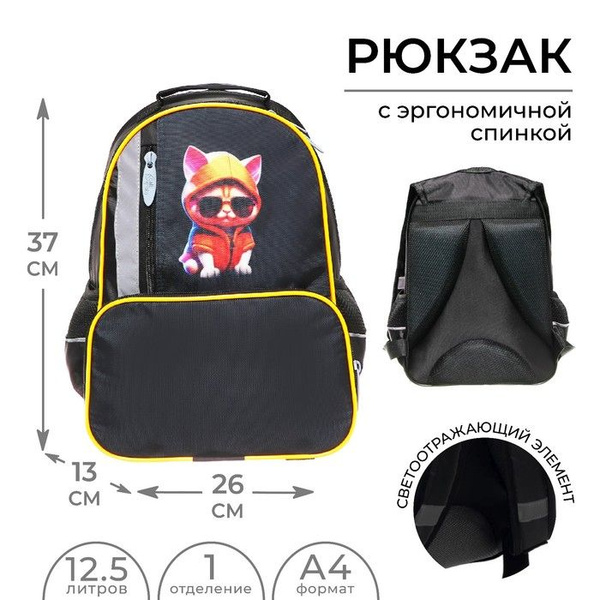 Рюкзак школьный, Calligrata ОРТ "Крутой кот", 37х26х13 см, эргономичная ...