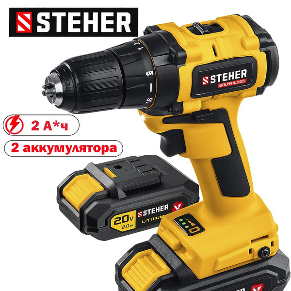 Характеристики STEHER Дрель-шуруповерт, 20 В, 45 Нм, 2 АКБ подробное ...