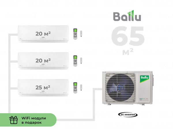 Инверторная мульти сплит-система Ballu с Wi-Fi на 3 комнаты (20 м2 + 20 ...