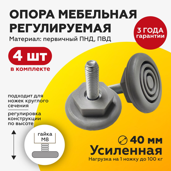 Резьбовая ножка опора мебельная / винтовая М8х25мм под ключ усиленная ...