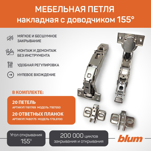 Петля мебельная накладная с углом открывания 155 градусов BLUM 71B7550 ...