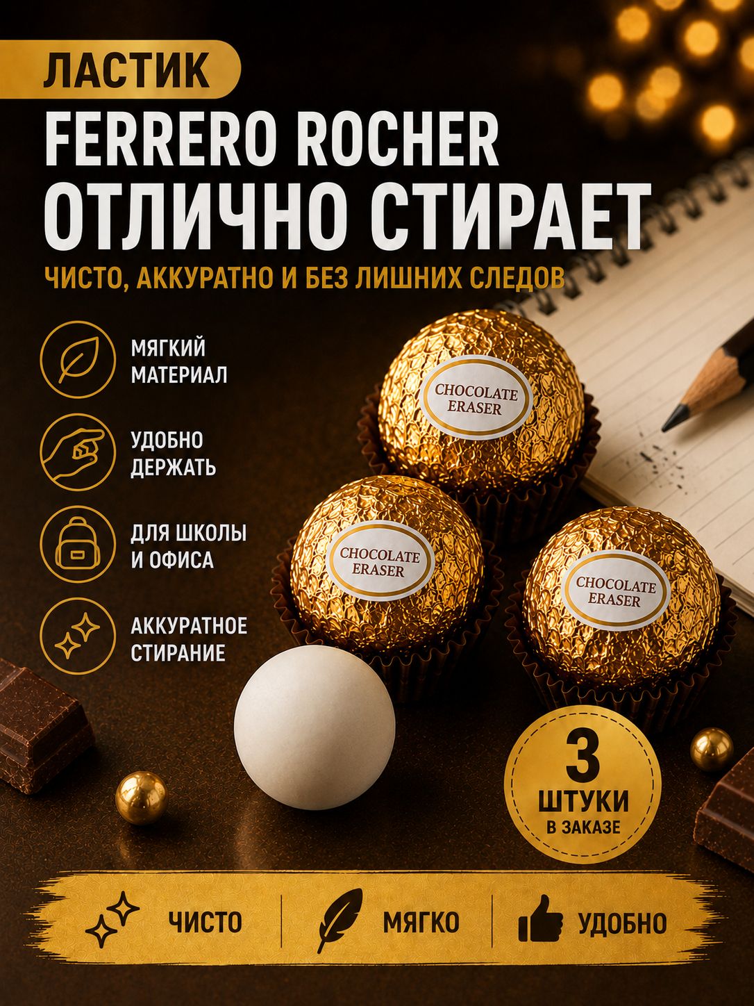 Подарок к 1 сентября. Ластик-шар в виде шоколадной конфеты, 3 шт.