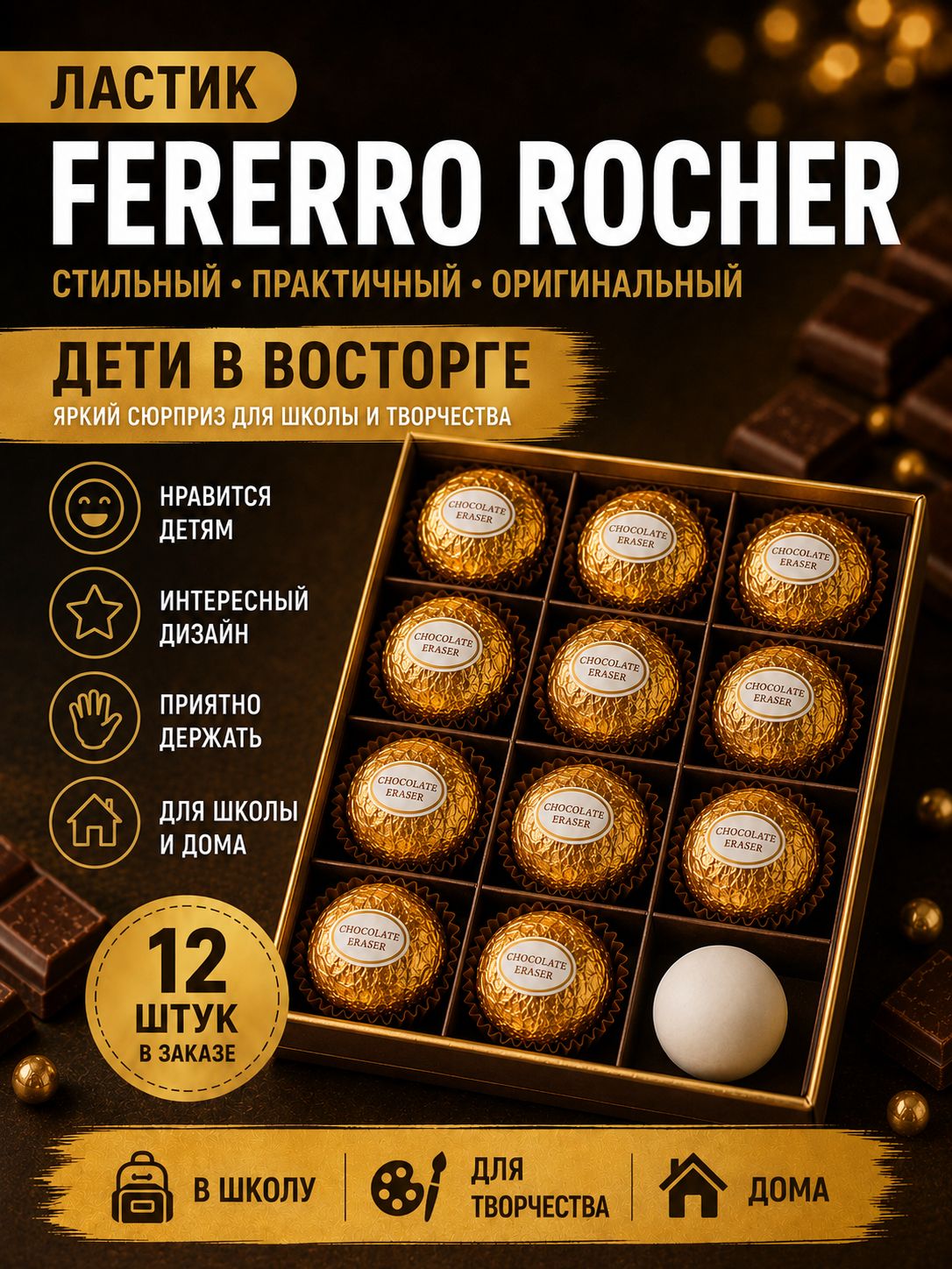 Круглый ластик-шар. Ластик-шар в виде шоколадной конфеты, 12 шт.
