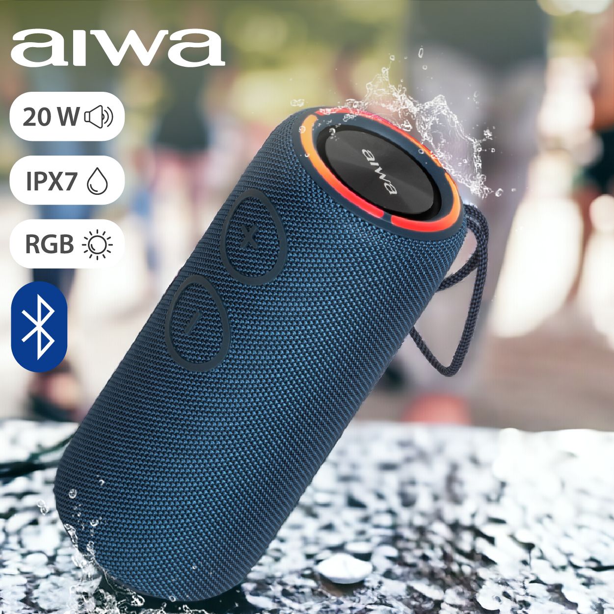 Беспроводная колонка AIWA с водозащитой и TWS (сопряжение 2х для стерео), с Bluetooth, AUX, TF-card и RGB подсветкой, арт. PAS-H200 dark blue, 20 Вт