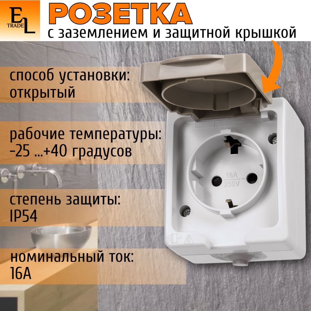 Розеткаскрышкойоткрытойустановки2П,сзаземлением,белая,16А,IP54,Вуокса