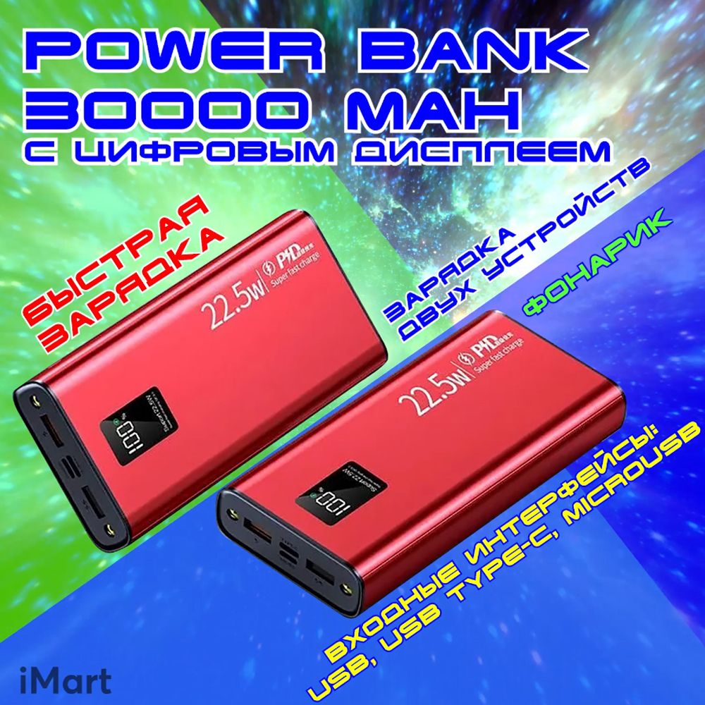 Внешний аккумулятор (Power Bank) Ask Gecko пауэрбанк 30000 мач с цифровым  дисплеем. Power Bank 30000 mah для телефонов iPhone/Android. Портативное  зарядное устройство пауэр банк с быстрой зарядкой - купить по выгодным ценам