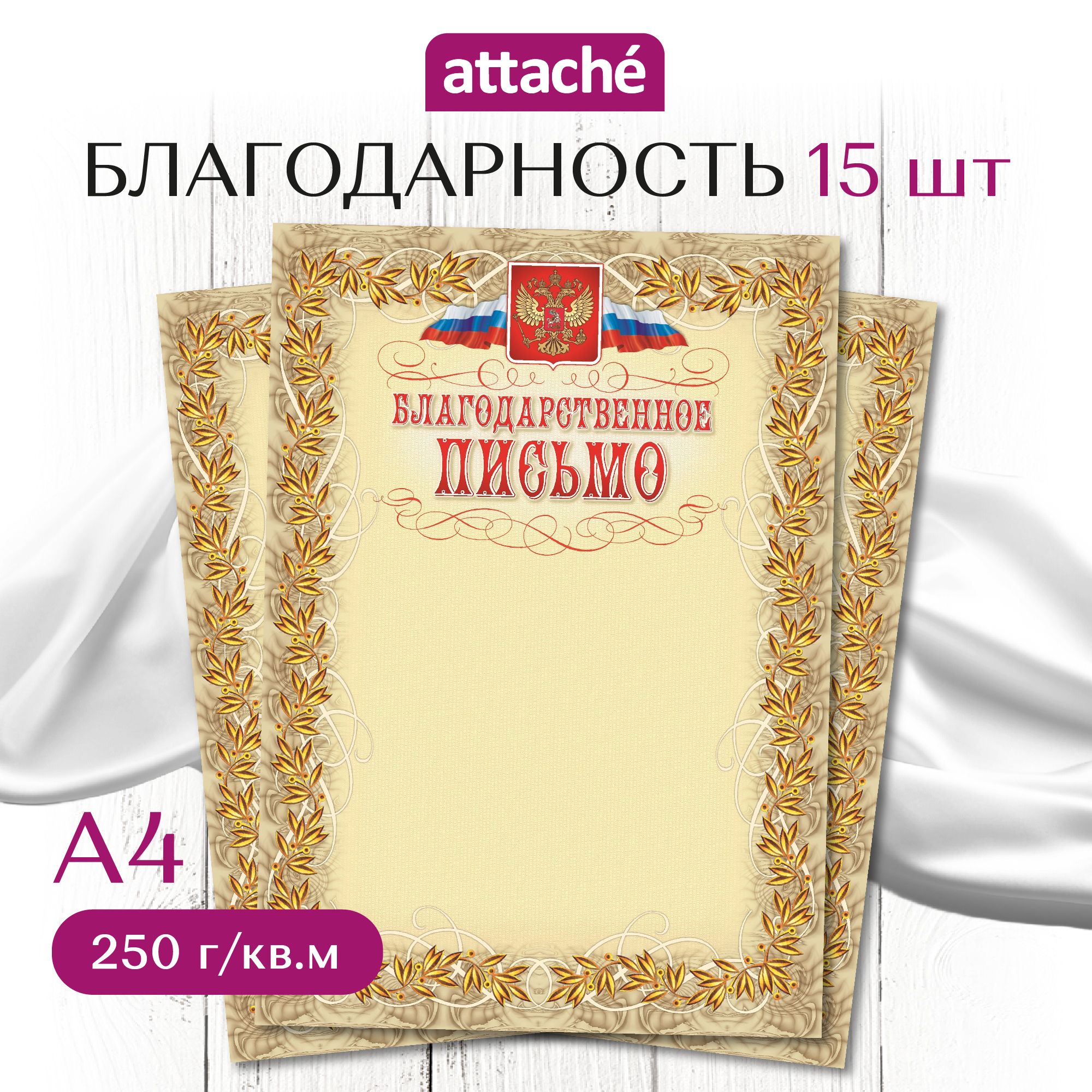 Благодарность А4 250 г/кв.м 15 штук в упаковке (бежевая рамка, герб, триколор, КЖ-159)