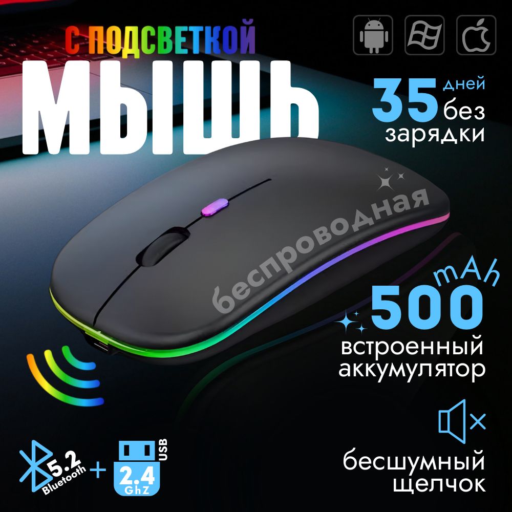 Мышькомпьютернаябеспроводнаябесшумная,LED-подсветка