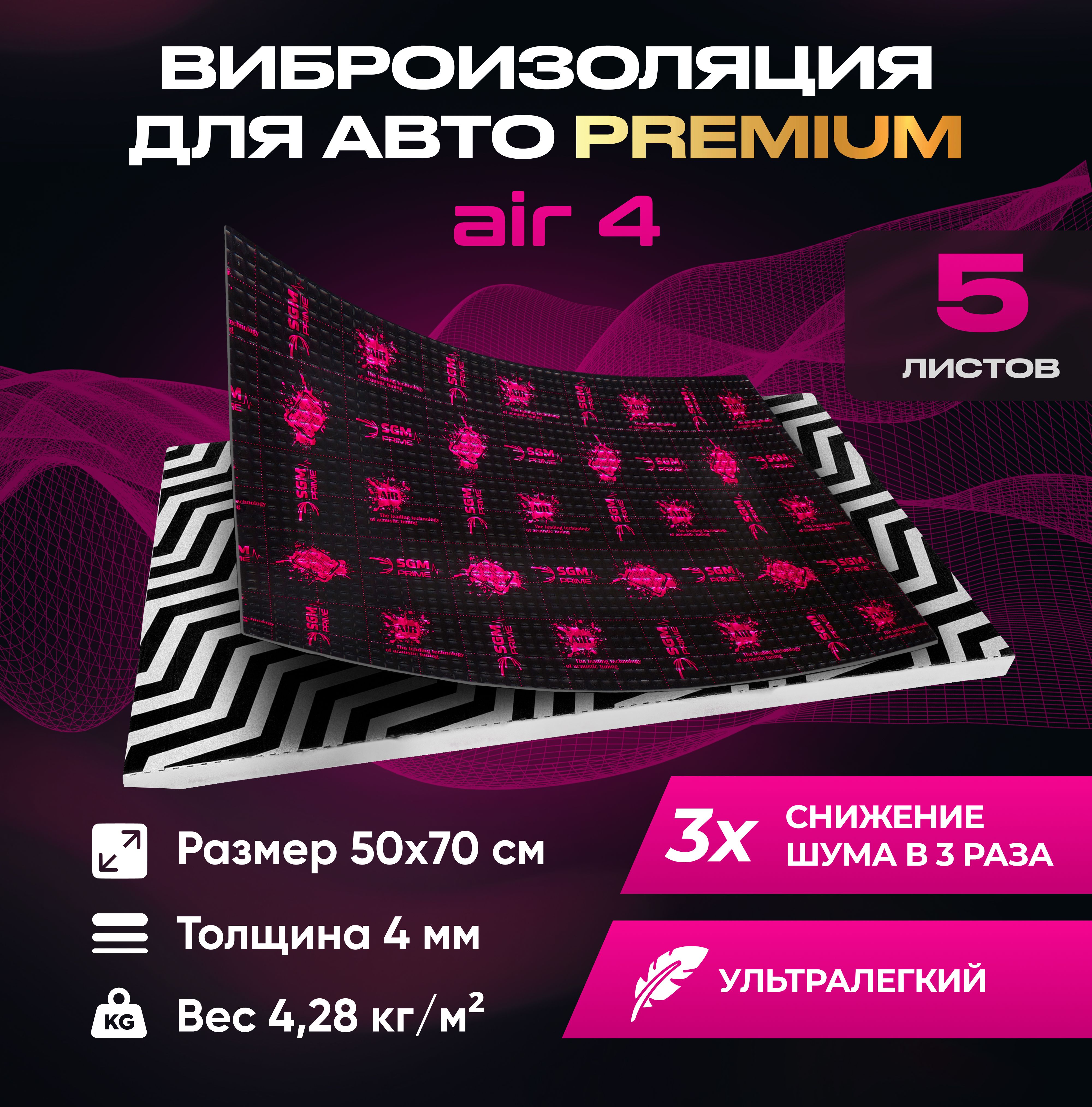 ВиброизоляцияPremiumSGMPrimeАir4,упаковка-5листов(Большиелисты0.5х0.7)/Наборзвукоизоляции/комплектсамоклеящаясяшумкадляавто