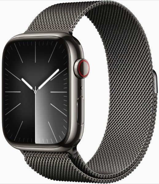 УмныечасыAppleWatchSeries9GPS+Cellular45mmGraphiteStainlessSteelCase,GraphiteMilaneseLoopMRMX3