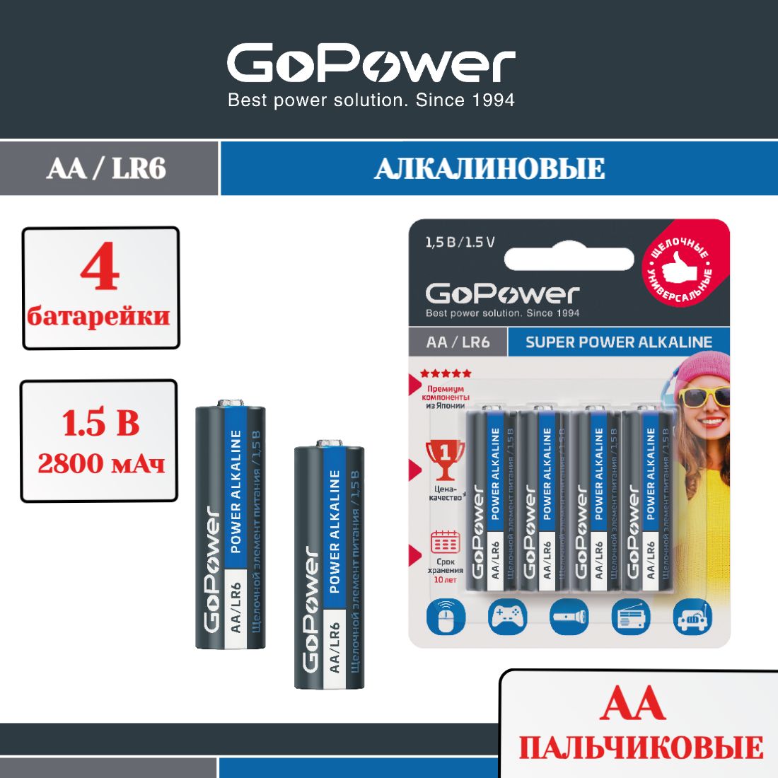 БатарейкиGoPowerLR6AABL4Alkaline1.5V(пальчиковая)-4шт.