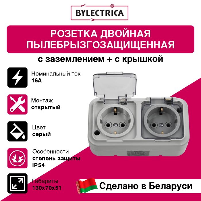 РозеткадвойнаянаружнаябрызгопылезащищеннаяBYLECTRICAРА16-303(02)