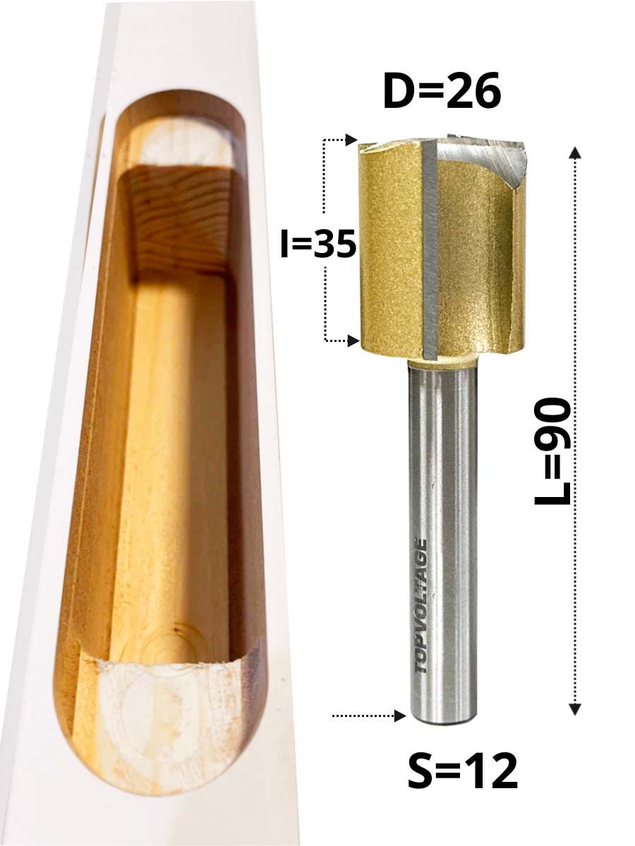 фреза пазовая прямая для врезки скрытых петель размеры 26х35х90 мм., хвостовик 12 мм., TOPVOLTAGE 103226