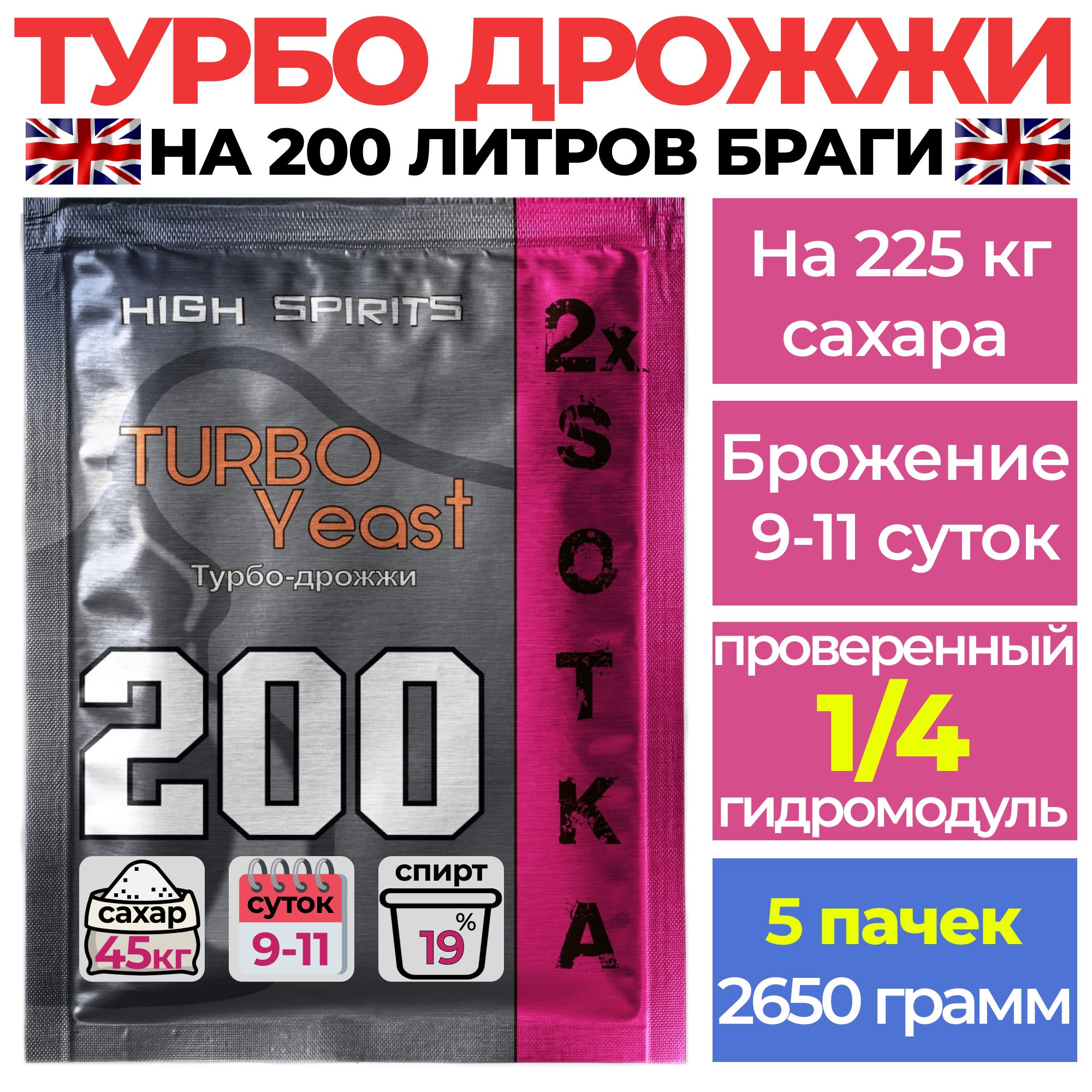 Спиртовые турбо дрожжи для самогона на 200 литров High Spirits XXL 5 пачек  - купить с доставкой по выгодным ценам в интернет-магазине OZON (755528932)